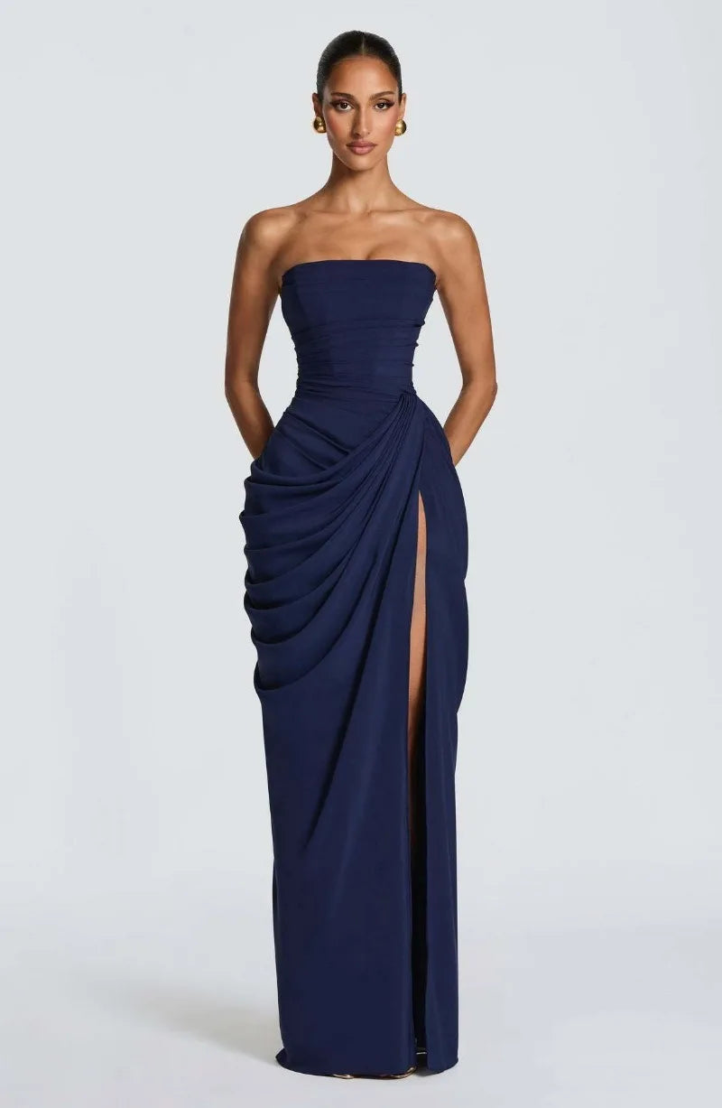 Women Sexy Solid Pleated Strapless Dress Lady Chic Off-shoulder Backless High Waist Split Dresses 2026 New Evening Party Gown