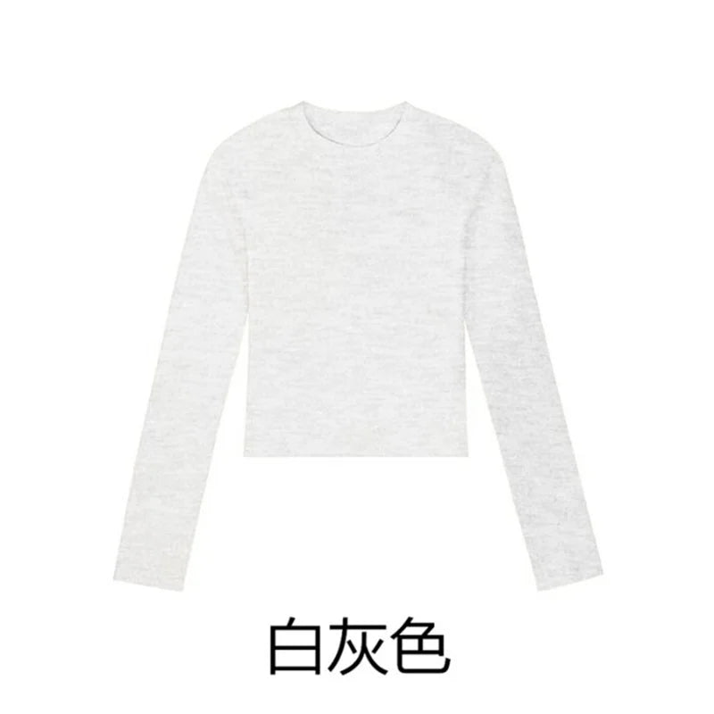 Camisa Feminina Gola O Manga Longa de Algodão Sexy Cropped Tops Outono 2025 Preta Casual Skinny Slim Básica Camisetas Femininas Roupas Brancas
