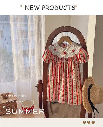 Kid Girl Adorable Short Sleeve Dress Red White Vertical Stripes Bunny Strawberry Print Peter Pan Collar Skirt for Children