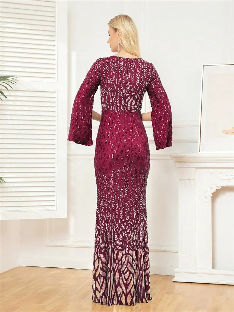 Luxury Blue Slit Long Sleeve Evening Dresses Women elegant 2025 Mermaid Formal Sequins Prom Wedding Party Cocktail Gowns