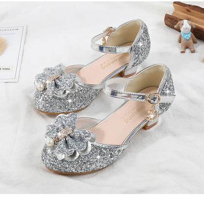 Children's Sandals for Party Wedding Elegant Bowknot Kids Girls Versatile Sequins High-heels Fashion Pearl Princess Single Shoes