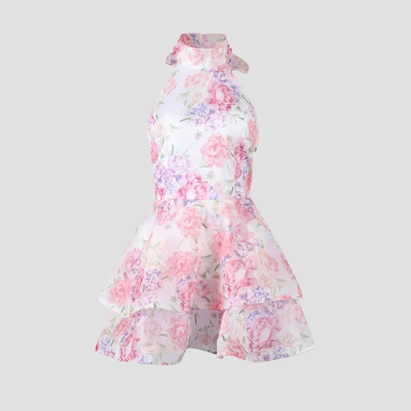 Chic Floral Printed Mini Dress Backless Sleeveless Hem Stacking Dresses Sweet A Line Vestidos 2025 New Lady Party Club Clothing