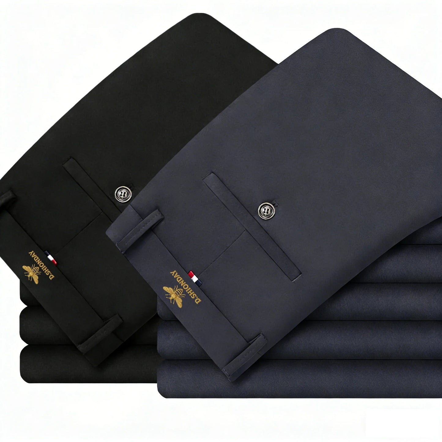 2 Pack Men's Luxury Bee Waist Logo Business Casual Pants High Elastic Slim Fit Formal Trousers for Office Commute & Daily Wear