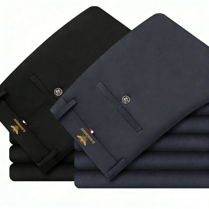 2 Pack Men's Luxury Bee Waist Logo Business Casual Pants High Elastic Slim Fit Formal Trousers for Office Commute & Daily Wear