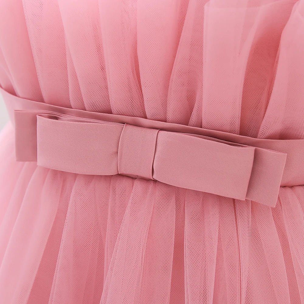 Summer Ruffles Bridesmaids Party Girls Dress Elegant Bow Wedding Birthday Princess Dresses Girl Tulle Pageant Evening Costumes