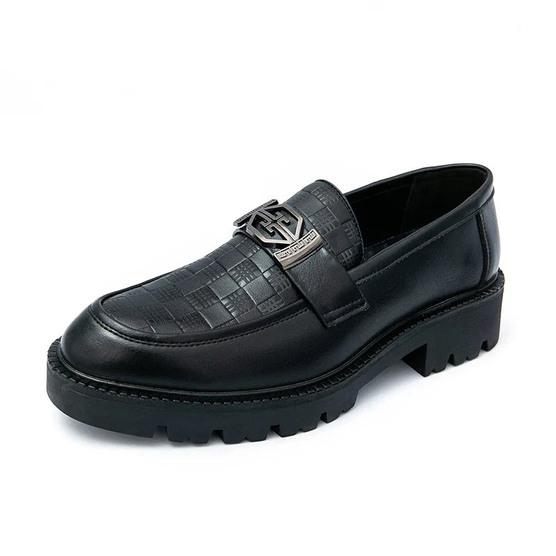 Men Loafers PU Thick Sole Round Toe Checkered Pattern Fashionable Classic Business Formal Shoes