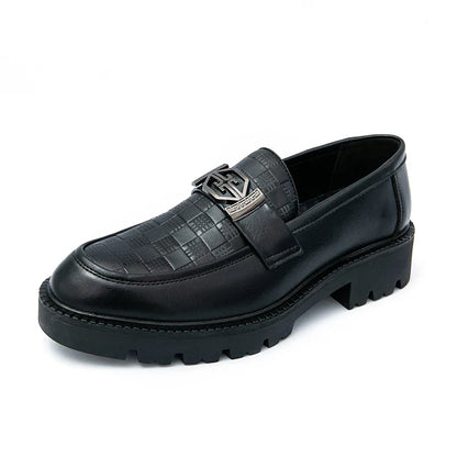 Men Loafers PU Thick Sole Round Toe Checkered Pattern Fashionable Classic Business Formal Shoes