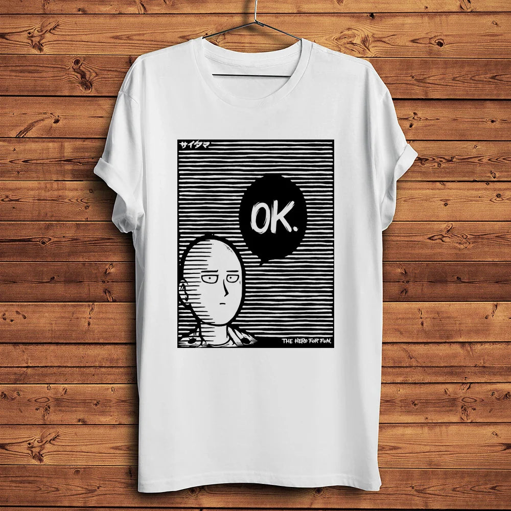 one punch Hero,Saitama,OK MAN,Funny Anime Tshirt ,Men White Casual Short Sleeve T-Shirt,Unisex Streetwear,manga Tee