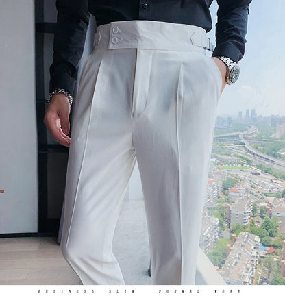 Men British Style Suits Pants New Male Solid High Waist Trousers High Quality Men Formal Slim Fit Business Casual Suit Pants