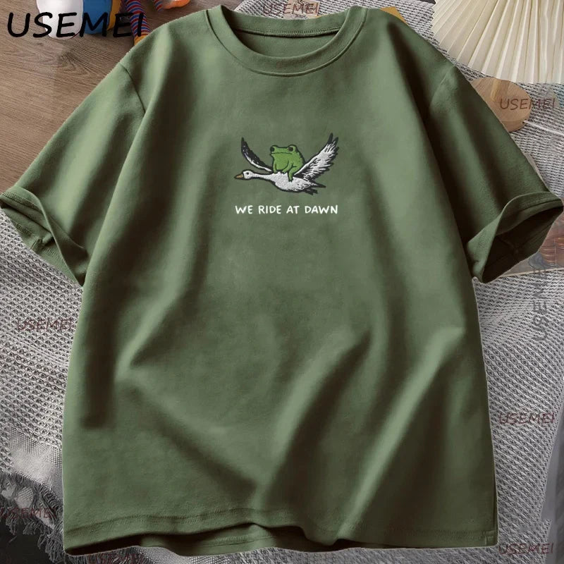 We Ride At Dawn T-Shirt Funny Frog and Goose Tee Casual Cotton Short Sleeve Round Neck Tshirt Streetwear Male Clothing Y2k