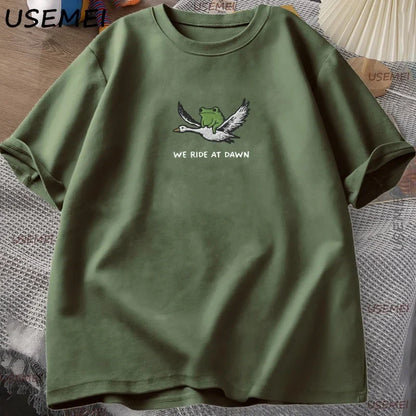 We Ride At Dawn T-Shirt Funny Frog and Goose Tee Casual Cotton Short Sleeve Round Neck Tshirt Streetwear Male Clothing Y2k