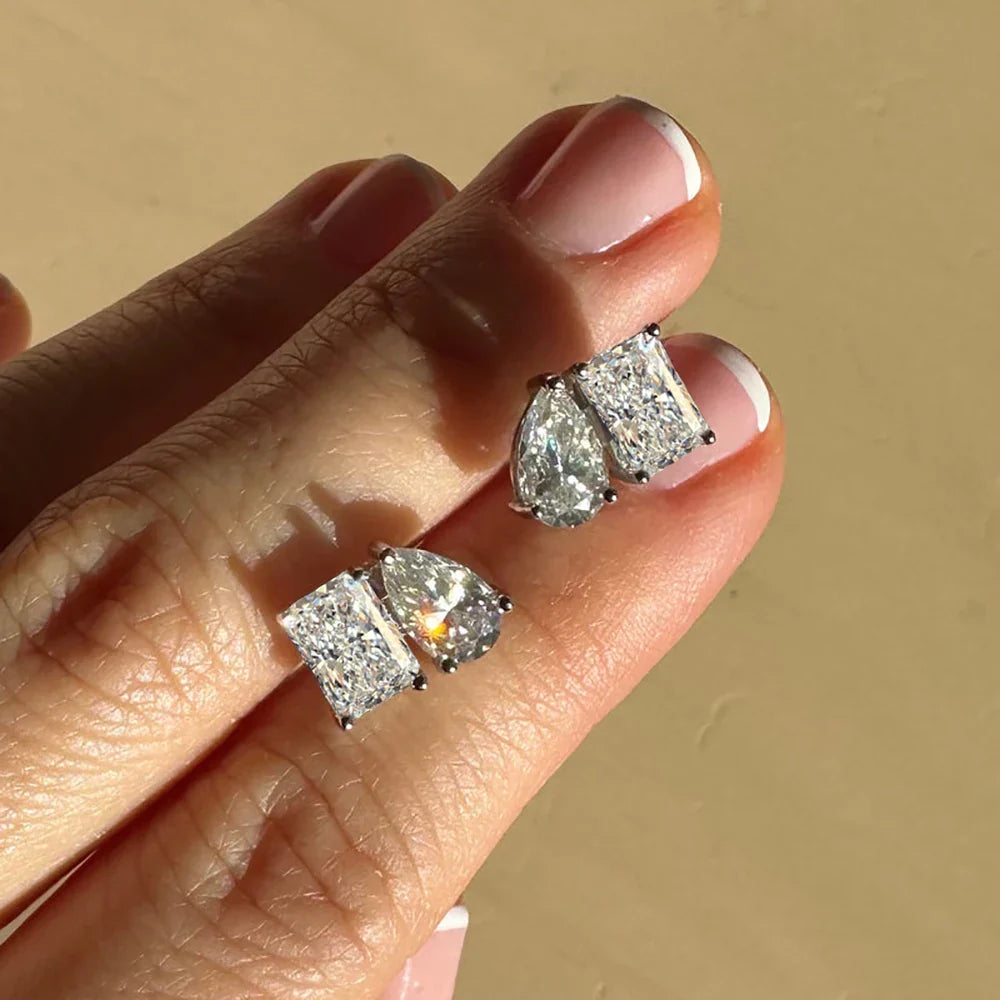 Double Mossanite Stud Earrings for Women Radiant/Pear Cut D Color VVS1 Lab Diamond Ear Studs with Certificate S925 Fine Jewelry