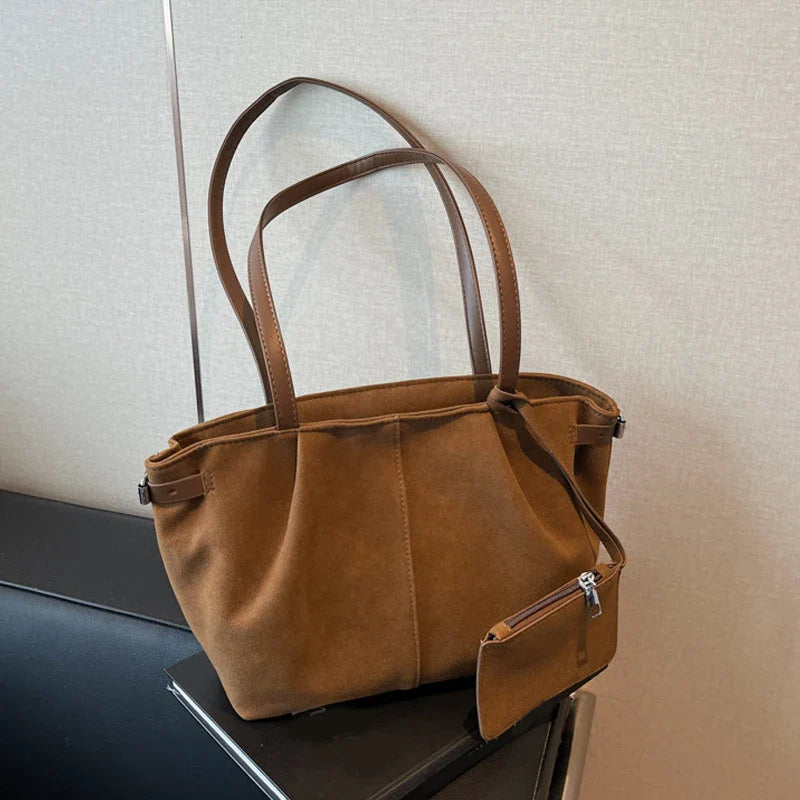 Suede Shoulder Bags for Women Large Suede Totes Lightweight Underarm Bag Casual Shopper Handbag Solid Color Travel Bucket Bags