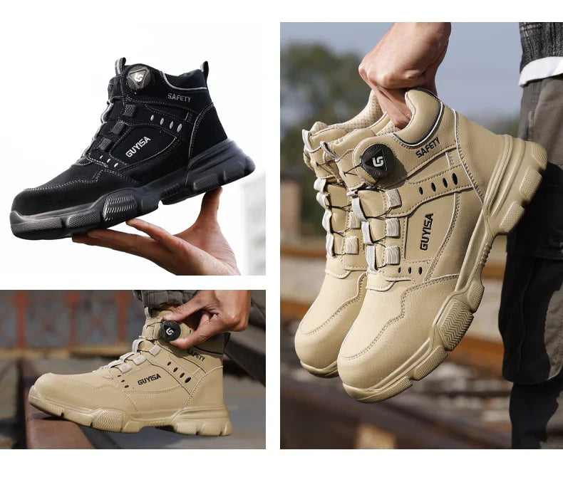 Men's Steel Head Work Shoes Anti Smash and Anti stab Khaki High Top Intelligent Buckle Simple Fashion Industrial Style Pr