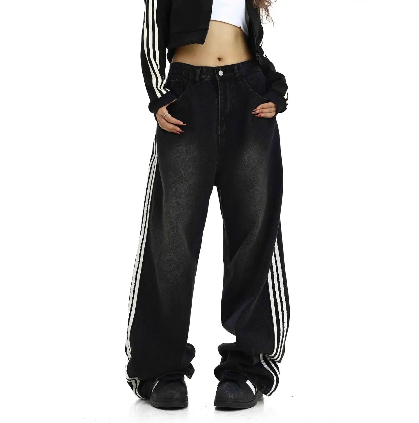 Retro Striped Loose Fit Low Waist Slimming Long Jeans