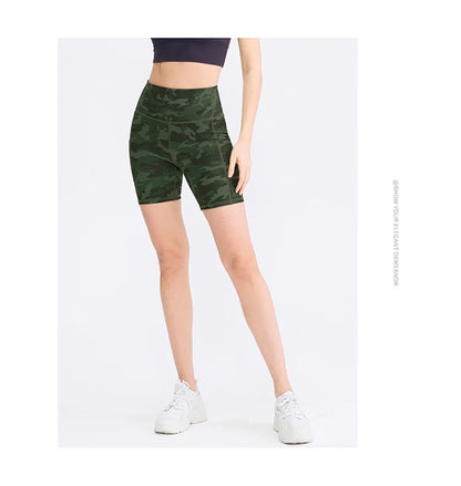 Women's printed nude yoga shorts with pockets skin-friendly tight stretch quick-drying sports fitness hiking running shorts