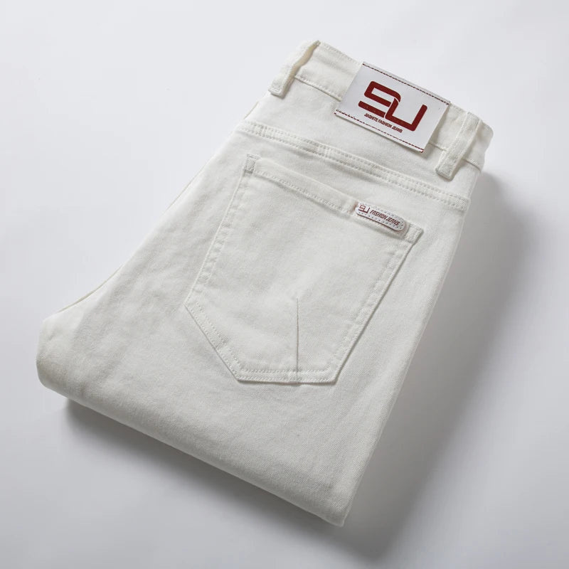 2025 Men White Jeans Fashion Casual Classic Style Regular Straight  Fit Soft Trousers Male  Advanced Stretch Pants