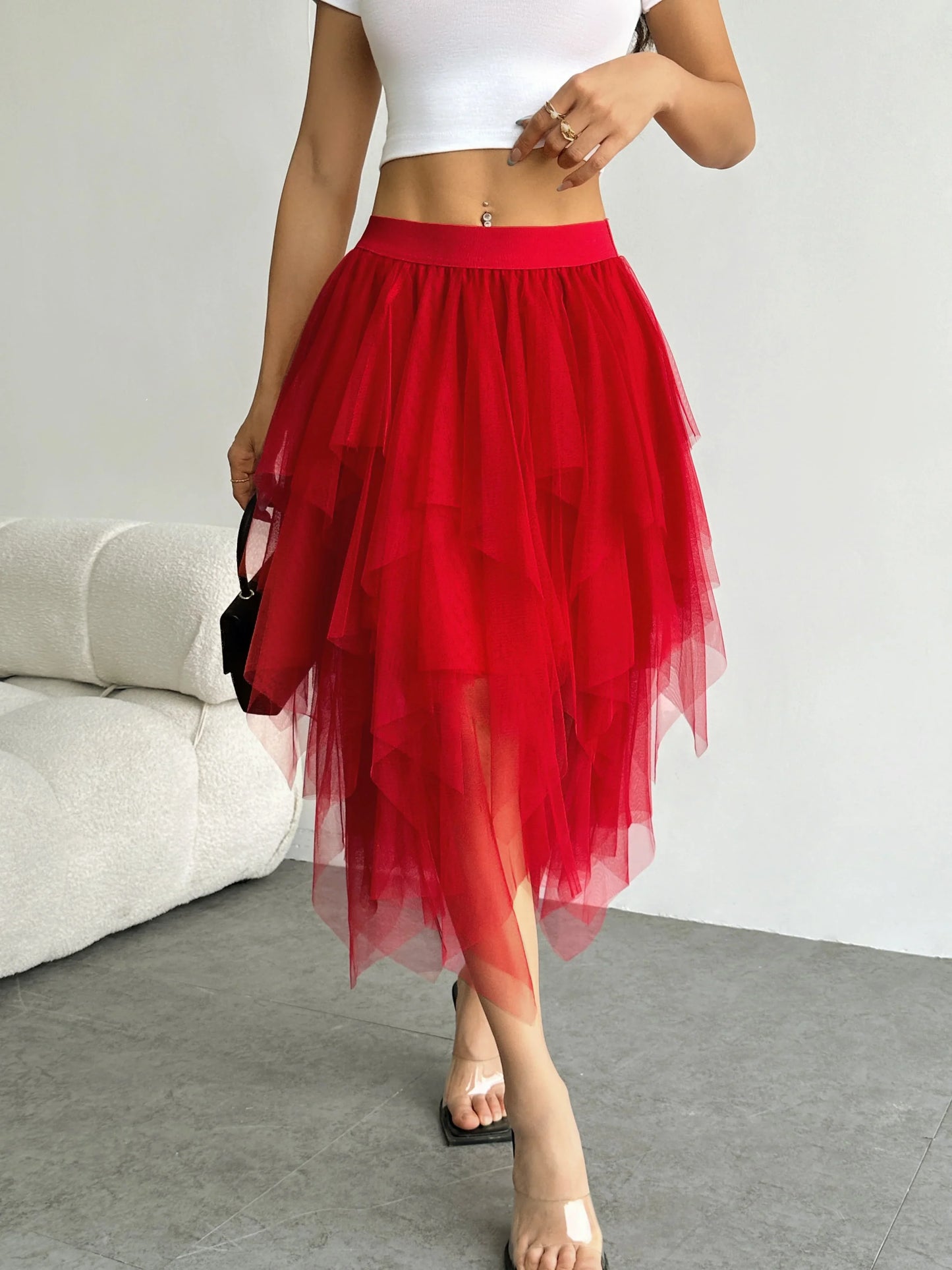 Ladies' high waisted elastic waist layered chiffon midi skirt with irregular asymmetric hem party casual mesh fairy ballet skirt