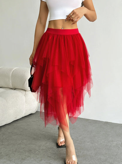 Ladies' high waisted elastic waist layered chiffon midi skirt with irregular asymmetric hem party casual mesh fairy ballet skirt