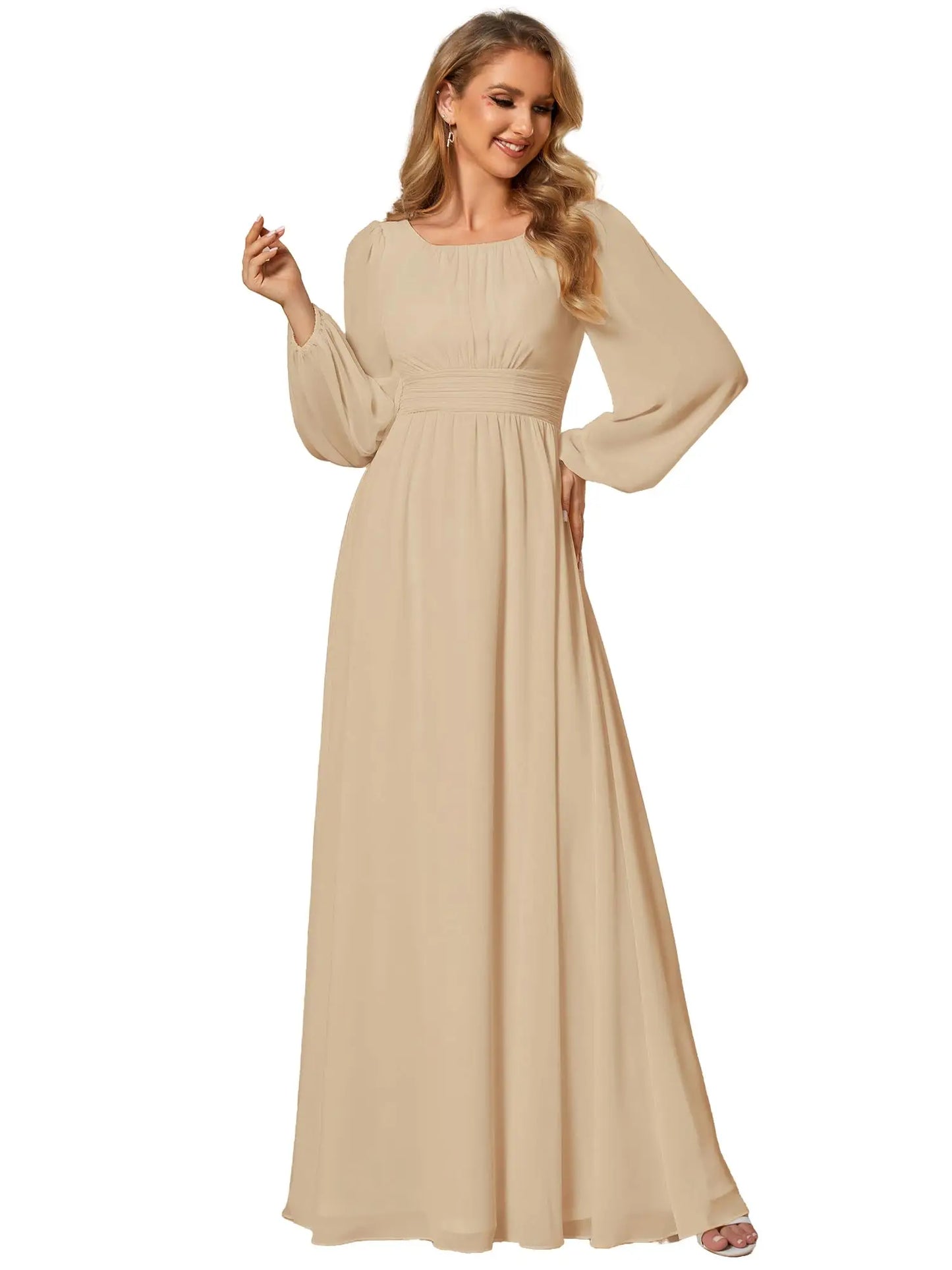 Women's Crewneck Lantern Sleeves Bridesmaid Dresses For Wedding Flowy A-Line Pleated Floor Length Chiffon Formal Evening Dresses