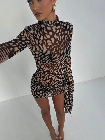 Sexy Sheer Print Leopard Bandage Women Dress Long Sleeve Mini Dress Lady Spring Slim Elegant Party Club Dress
