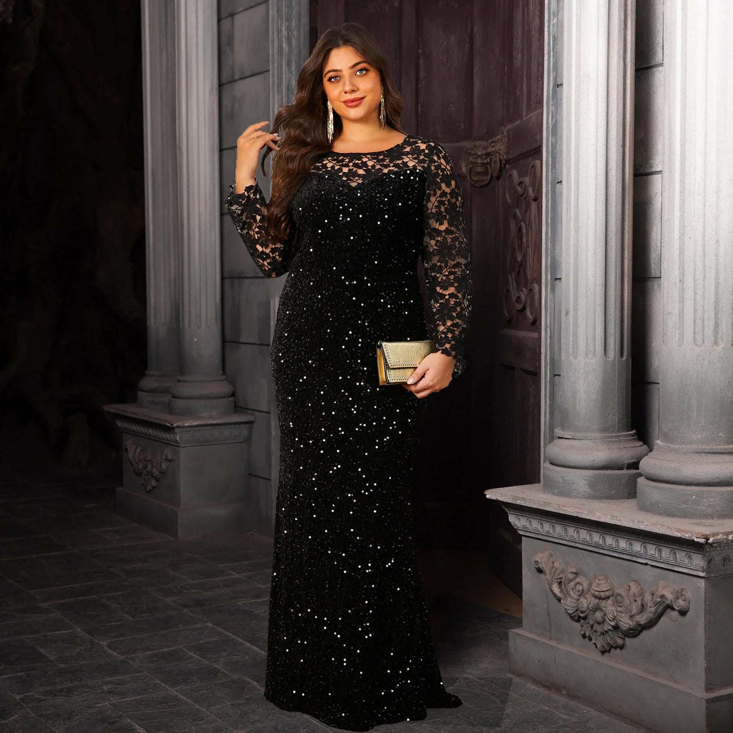 Elegant Curve Evening Dress for Women Lace Full Sleeved Sequined Velvet Hollow Out Modest Maxi Gown
