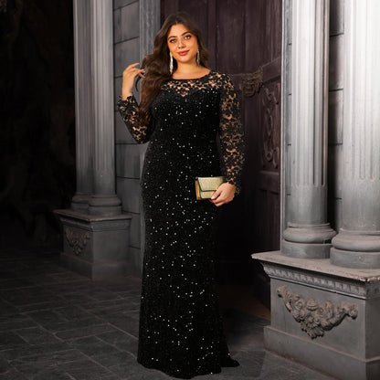 Elegant Curve Evening Dress for Women Lace Full Sleeved Sequined Velvet Hollow Out Modest Maxi Gown