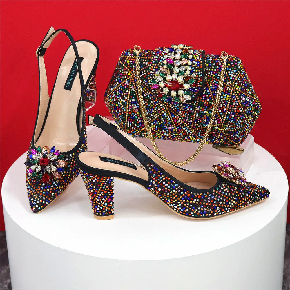 Sandals Fashion Italian Shoe and Bag Set for Party In Women Nigerian Women Wedding Shoes and Bag Set Decorated with Rhinestone