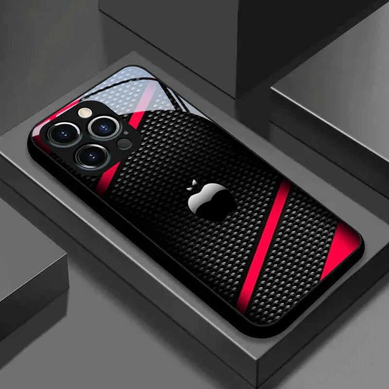 Black Carbon Fiber For Apple Pattern Glass Phone Case For iPhone 17 16 15 14 Pro Max 13 12 11 16E 17Air 7 8 Plus XR XS X Cover