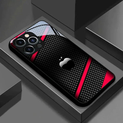 Black Carbon Fiber For Apple Pattern Glass Phone Case For iPhone 17 16 15 14 Pro Max 13 12 11 16E 17Air 7 8 Plus XR XS X Cover
