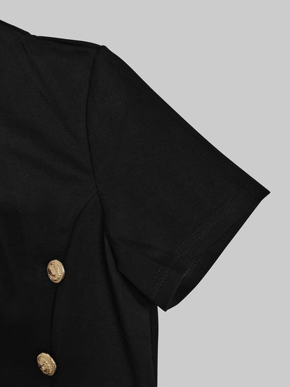 Wedding Black Dresses for Women Gold Button Clothes Asymmetrical 2025 Summer Woman Short Sleeves Party Maxi Dresses