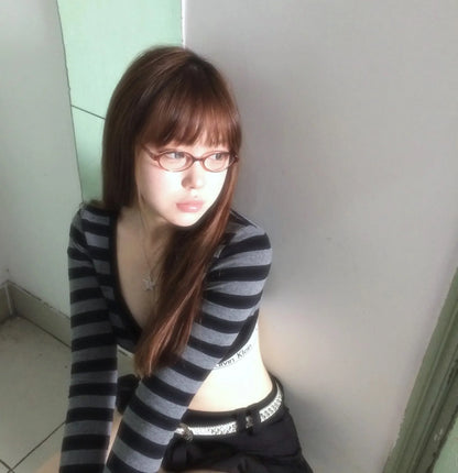 Y2k Crop Top Japanese 2000s Style Striped Long Sleeved T-shirt Vintage Harajuku High Street Tops American Retro