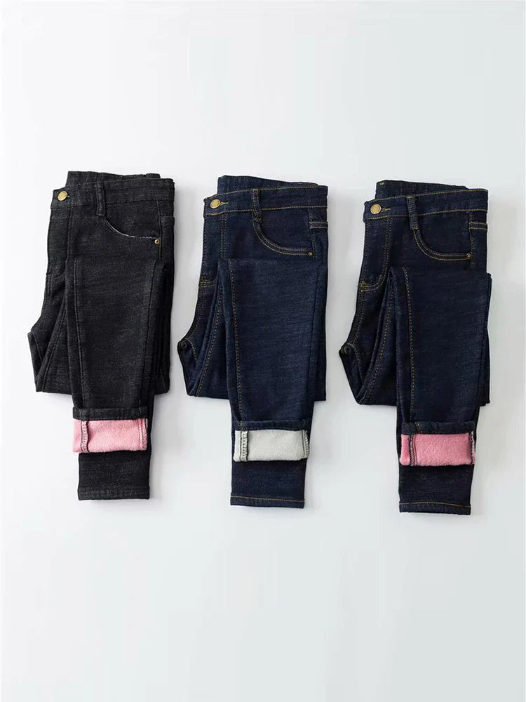 Women's Thick Velvet Jeans, Stretch High Waist Pencil Pants