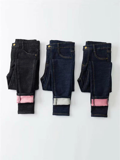 Women's Thick Velvet Jeans, Stretch High Waist Pencil Pants