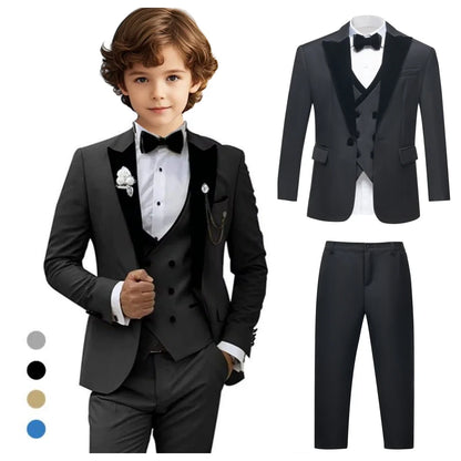 2025 Hotest Boys Formal Suit Set with Velvet Collar - One Button Blazer Vest Pants Bowtie - 3-14 Years Kids Graduation Tuxedo