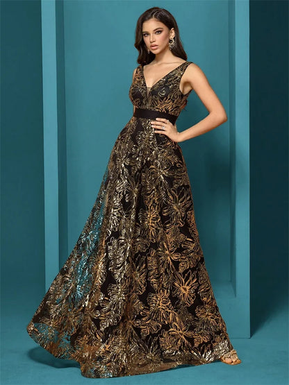 Luxury Sexy Deep V-Neck Sequins Blue Evening Dresses Women Elegant V-back Wedding Party Long Prom Cocktail Dress