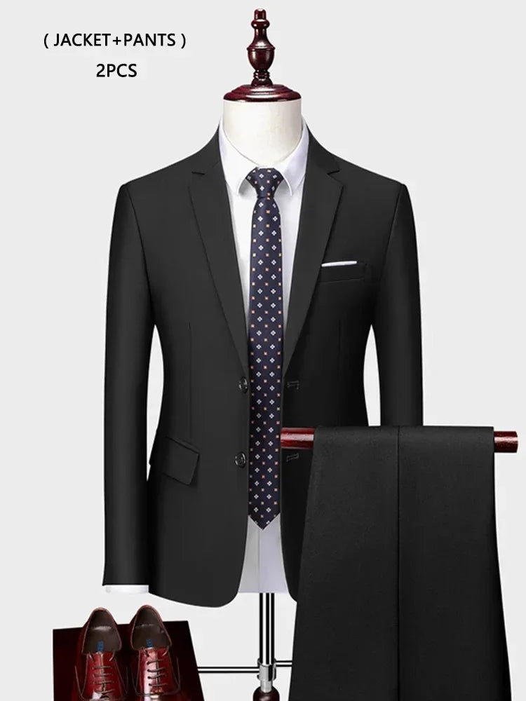 ( Jacket +Vest+ Pants ) Luxury Men's High-end Brand Solid Color Business Office Suit 3Pcs & 2Pcs Groom Wedding Party Suit Tuxedo