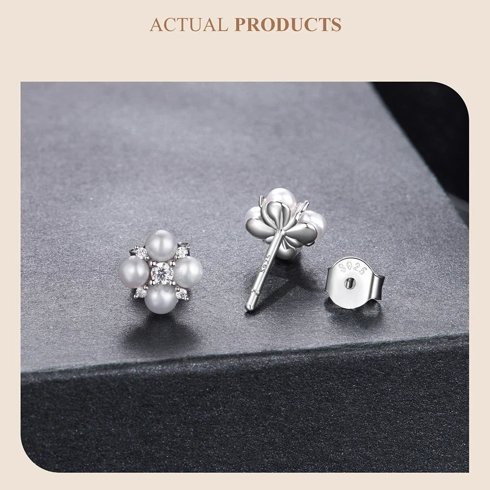 Four-leaf Clover Moissanite Earrings, Natural Freshwater Pearls Round Cut Lab Created Diamond Wedding Stud Earrings S925