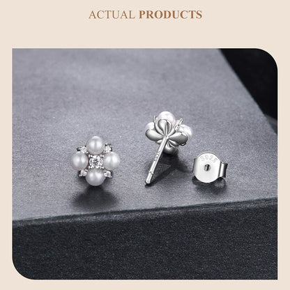 Four-leaf Clover Moissanite Earrings, Natural Freshwater Pearls Round Cut Lab Created Diamond Wedding Stud Earrings S925