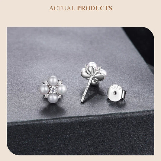 Four-leaf Clover Moissanite Earrings, Natural Freshwater Pearls Round Cut Lab Created Diamond Wedding Stud Earrings S925