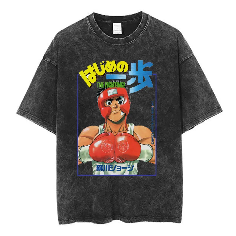 Anime Hajime No Ippo Washed Vintage T-shirt Kamogawa Boxing Gym Harajuku T-shirts Makunouchi Takamura KGB Loose Cotton T Shirt