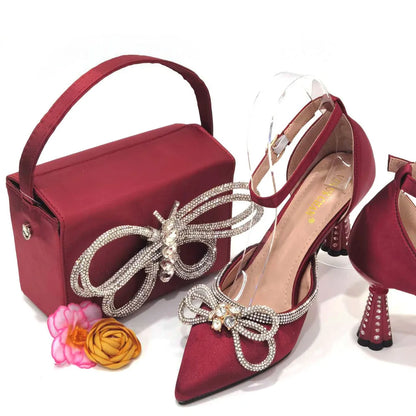 Ladies Pointed-Toe Party High Heels Magenta Colour Bow Rhinestone Stereo Bag Evening  African Wedding Shoe And Bag Set