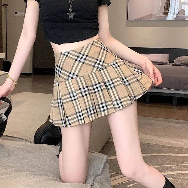 Summer Chic Korean Lady Thin Wrap Hip Skirts Female Retro High Waist A-line Skirts Women Fashion Plaid Designer Skirts