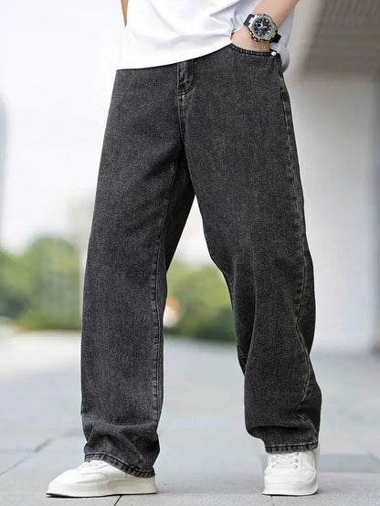 Men's Dark Grey Straight Leg Jeans - Minimalist Casual Denim Pants