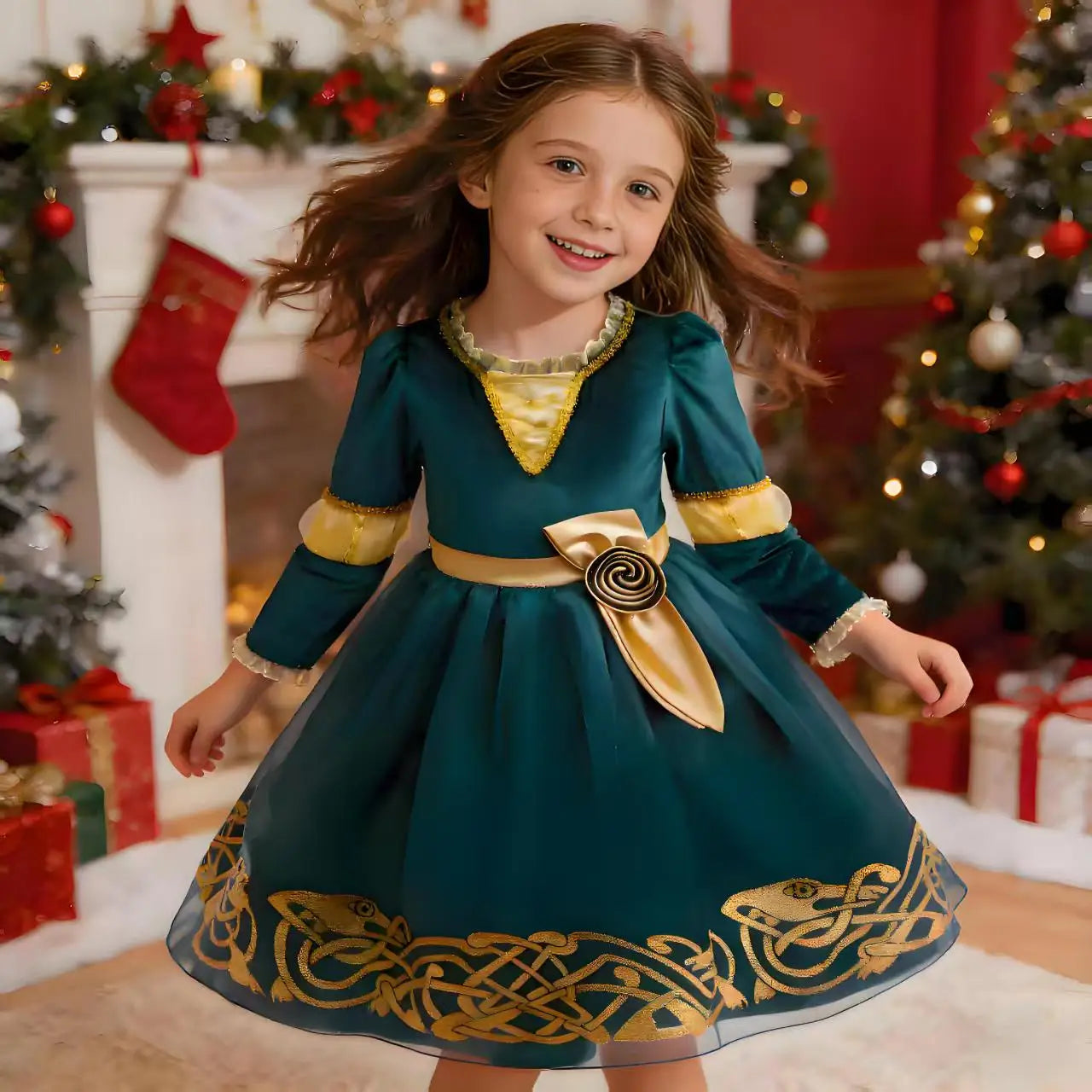 Girl Cosplay Brave the Heart Princess Merida Long Sleeves Dress Belt Set Holiday Party Carnival Party Stage Outfits Dress