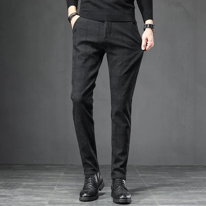 Autumn Men's Brushed Plaid Casual Pants Korean Style Gray Elastic Straight Slim Fit Fashionable Work Pants Blue and Black Male