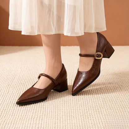 All-Season Women's Chunky Heel Mary Jane Flats - Patent Leather Shallow Cut High Heels,  Metal Buckle Decor Commuter Shoes