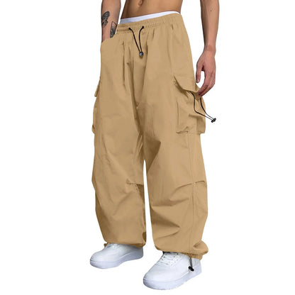 Cool Streetwear Versatile Quicky Drying Wide Leg Low Waist Drawstring Cargo Trousers Fashion Daily Casual Pockets Pants For Male
