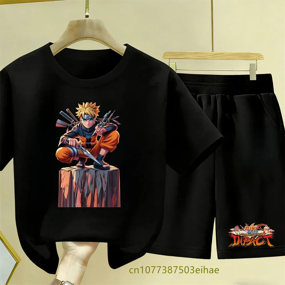 Naruto Leisure Set - Cartoon Print Breathable Children's Short-Sleeved T-Shirt Perfect for Dressing Up with Loose Sports Shorts