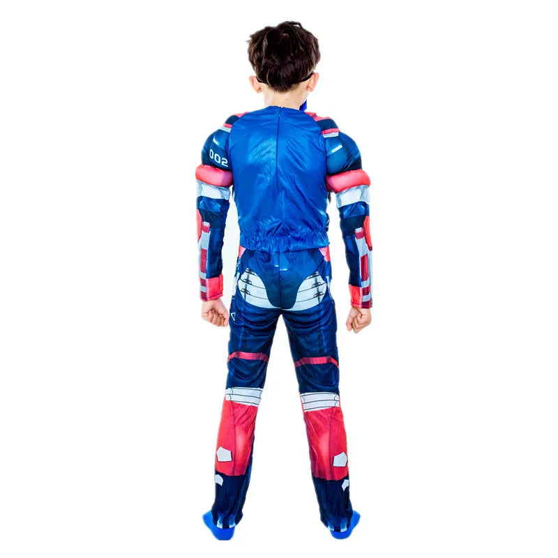 Kids Superhero Muscle Costume Blue Iron Man Jumpsuit with Mask Halloween Party Cosplay Performance Outfit Comfortable Breathable